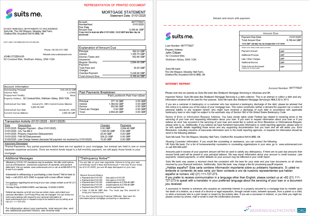 United Kingdom Suits Me bank mortgage statement in Word and PDF formats, 3 pages 1 2
